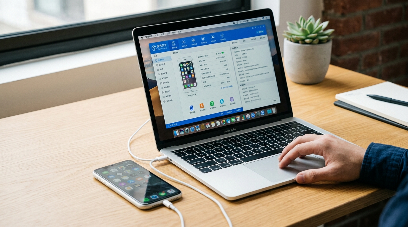 爱思助手电脑端连接iPhone进行设备管理与验机检测