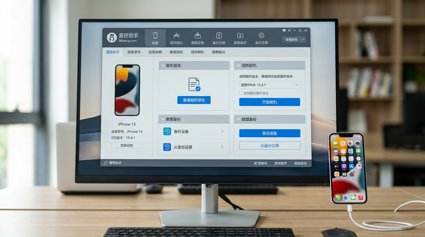 爱思助手桌面端连接 iPhone 的设备管理界面
